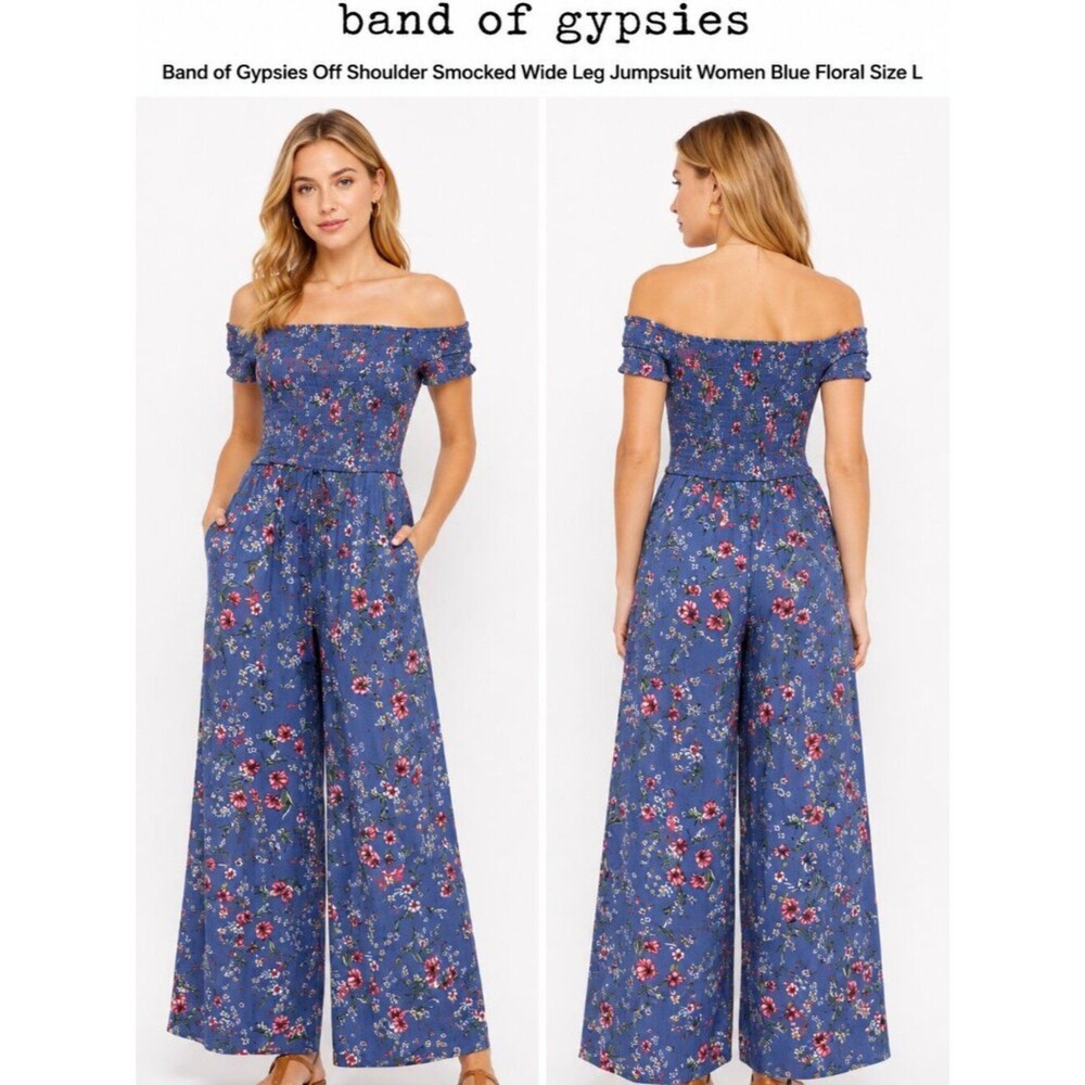 Band of Gypsies Floral Off Shoulder Wide Leg Jumpsuit Women Blue Boho Size L